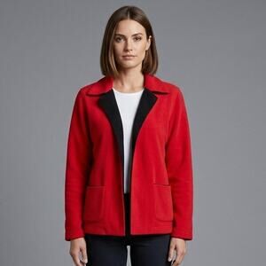 Vintage Tanjay Womens Size 12P Red Open Front Jacket Soft Pockets Blazer Style